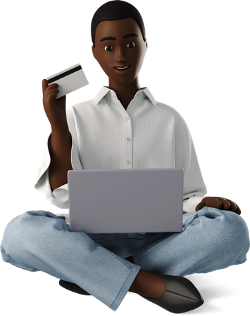 A person holding a payment card above a laptop