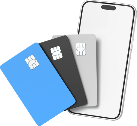 Three payment cards fanned out in front of a smartphone