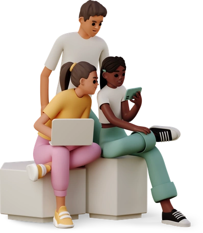 Three students gathered around a laptop and a phone