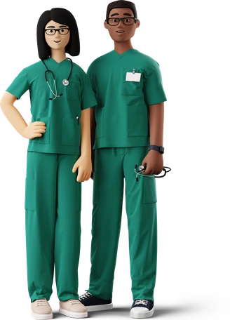 Two clinicians in green scrubs with stethoscopes